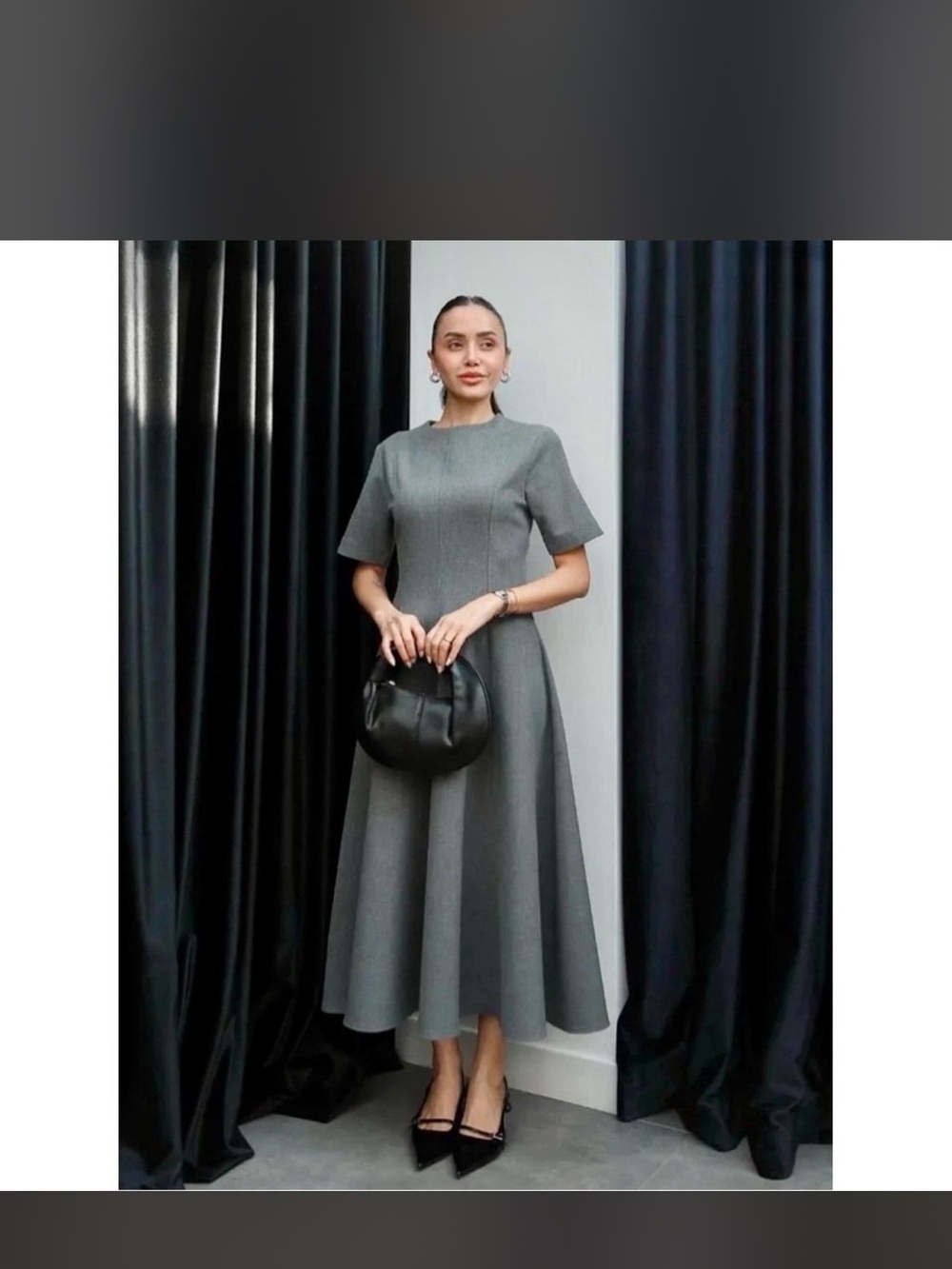 Zara Gray A-Line Midi Dress with Short Sleeves